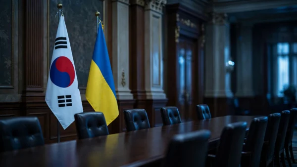 South Korean and Ukrainian flags standing side by side in a government hall, reflecting the diplomatic row over the transfer of two North Korean soldiers