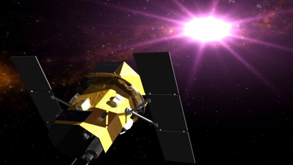 Artist's illustration of NASA's Neil Gehrels Swift Observatory in orbit, with a gamma-ray burst flaring behind it.