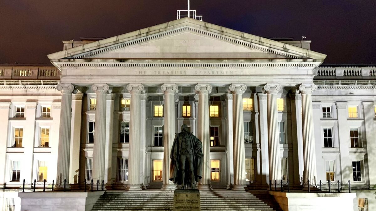 File photo: the US Treasury Department building in Washington, D.C., at night.