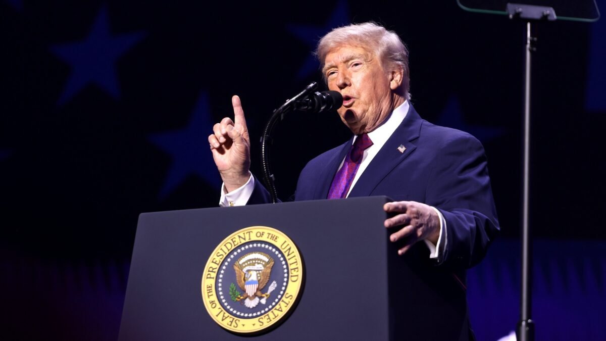President Donald Trump speaks at a campaign rally.