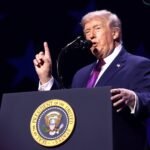 President Donald Trump speaks at a campaign rally.