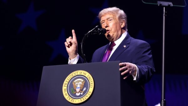 President Donald Trump speaks at a campaign rally.