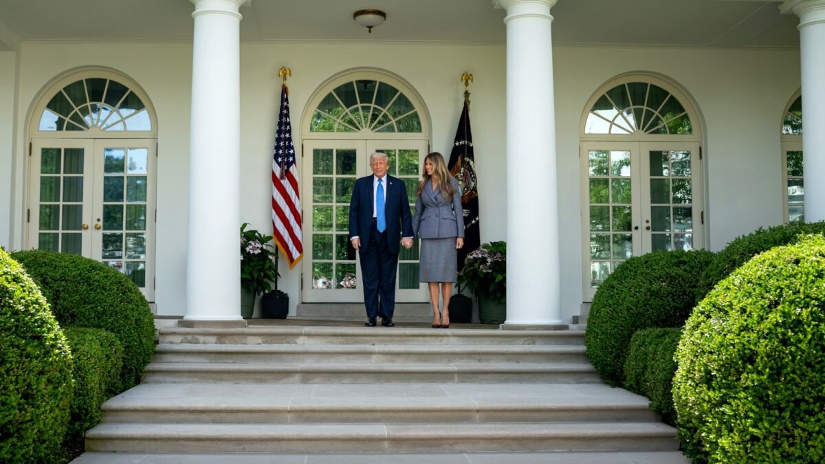 File photo: President Donald Trump and First Lady Melania Trump in the White House Rose Garden, May 2025.