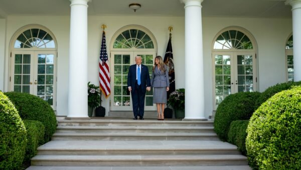 File photo: President Donald Trump and First Lady Melania Trump in the White House Rose Garden, May 2025.