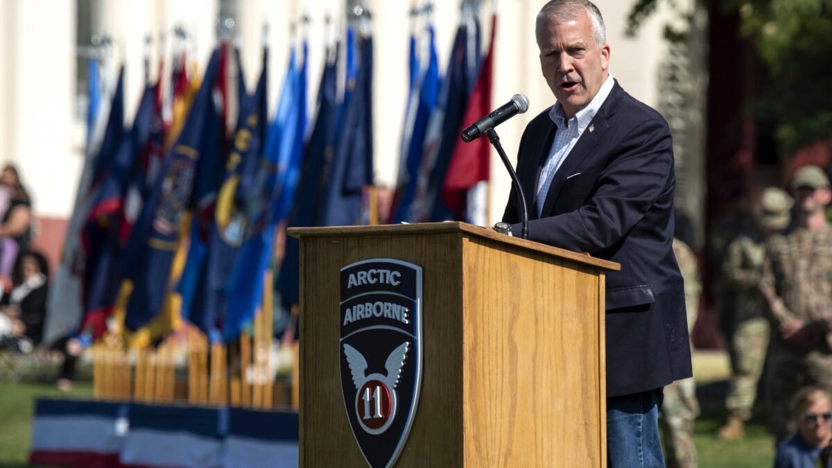 U.S. Senator Dan S. Sullivan of Alaska speaking at a lectern in 2022